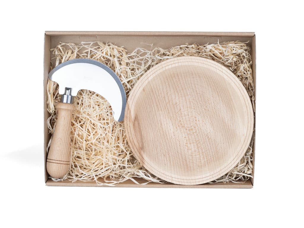 Schweizer Kräutermesser Set mit Schale Rotbuchenholz handgemacht Schweiz in schachtel