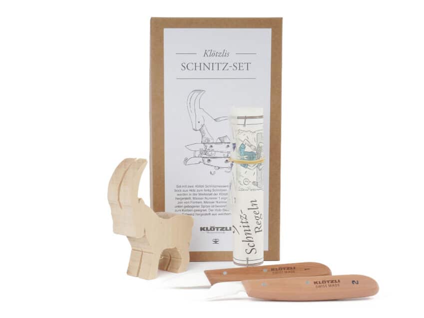Schweizer Geschenke Schweizer Produkte Schnitz-Set Schnitzset Holz Kloetzli Steinbock selber schnitzen