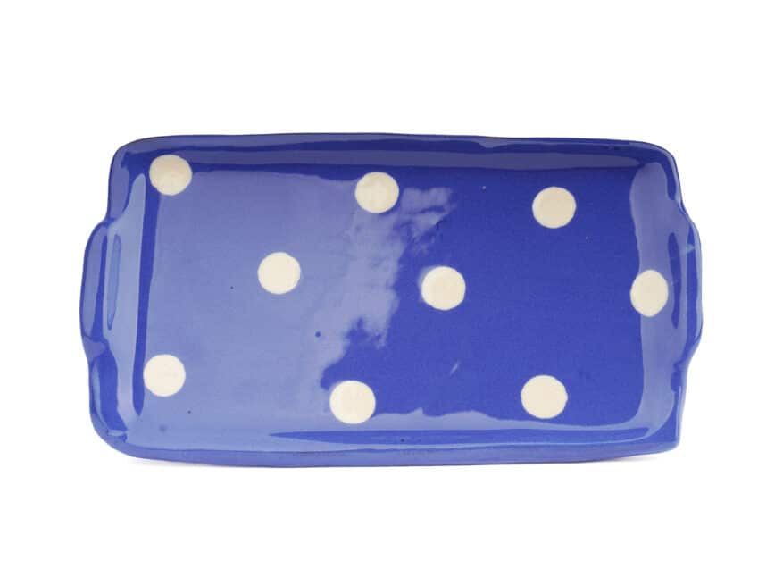 Schweizer Geschenke Schweizer Produkte Butterplaettli Butterplatte Keramik Tupfen swiss made blau weiss