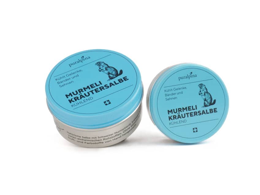 Schweizer Geschenke Schweizer Produkte Murmeli Kraeutersalbe kuehlend Puralpina KURTS.ch